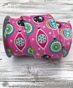 Pink/Green/Teal Retro Ornaments Ribbon – 2.5″ x 10 yards