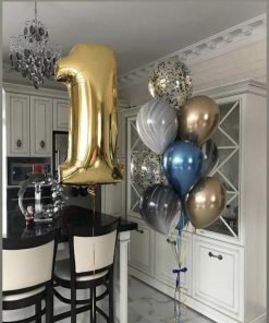 Gold Number Balloon & Small Cluster (Numbers Can Be Changed) ONE NUMBER INCLUDED IN COMPOSITION